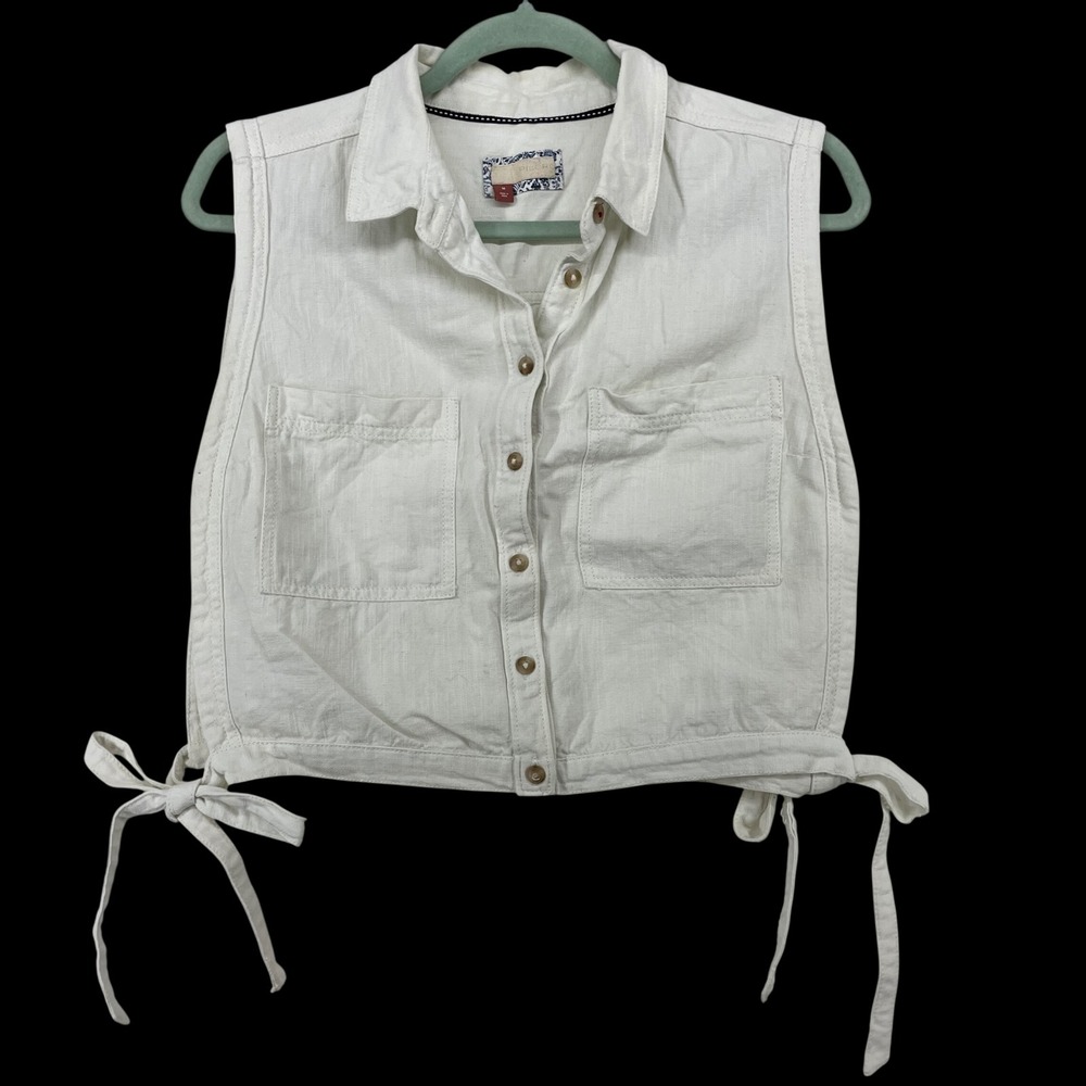 Pilcro Size Medium Dixie Utility Vest Side Tie Button Front Linen Blend Women